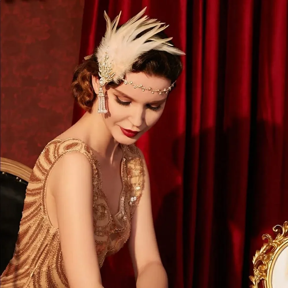 ✨ NWT Art Deco 1920’s Gatsby Flapper Feather Crystal Rhinestone & Pearl Headband